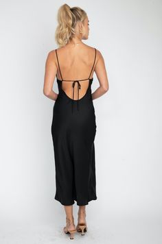 Open back with adjustable spaghetti tie straps Cowl neckline with high leg slit Fabric: 100% Deluxe poly Georgette Machine was cold on delicate cycle, air dry Model Measurements: Height 5'8, Bust 32B, Waist: 25/26", Hips 34" Model is wearing a size XS Black Slip Dress, Midi Length Dress, High Leg, Fancy Dresses, Black Media, Midi Length, Open Back, Backless Dress, Cold Shoulder Dress