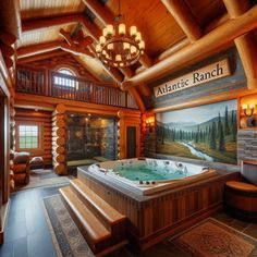 a large jacuzzi tub in the middle of a room with wood paneling