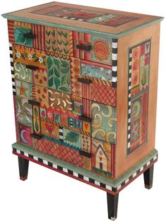 Tall Dresser –  Eclectic and colorful tall dresser with lovely romantic scrolling patterns throughout Vitrine Design, Whimsical Painted Furniture, Sticks Furniture, Whimsical Furniture, Dresser Design, Tall Dresser, Painted Chairs, Wooden Chest, Funky Painted Furniture