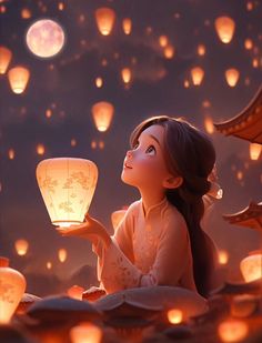 a girl holding a lantern in the sky