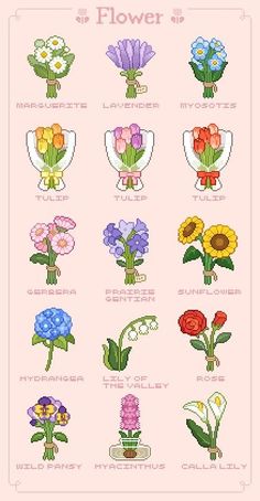 the cross stitch pattern shows different types of flowers in each flower arrangement, including tulips, daffodils, and carnations