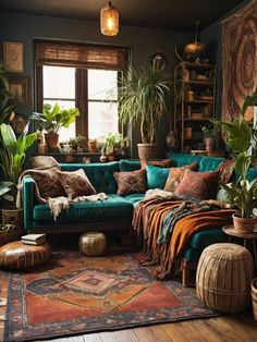 a living room filled with lots of plants and rugs on top of a wooden floor