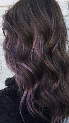 Brown Purple Hair Highlights, Dark Hair Lavender Highlights, Lavender On Brown Hair, Purple Streaks In Brown Hair Highlights, Ash Brown Hair With Purple Highlights, Brunette Hair Color With Purple Highlights, Brown Hair Black Balayage, Purple In Brown Hair Subtle, Lavender Streaks In Black Hair