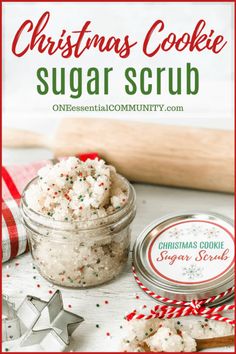 christmas cookie sugar scrub in a small glass jar