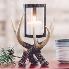 an antler's head is placed next to a candle holder on a table