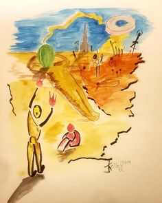 a drawing of a person standing in the desert