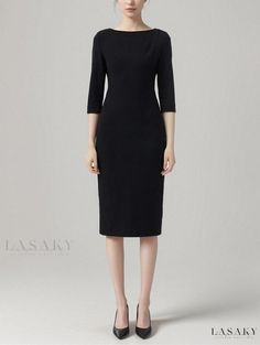 Lasaky - Classic Split Hem Long Sleeve Solid Color Midi Dress by GJX- Home for Women Black Knee-length Midi Dress, Black Knee-length Bodycon Office Dress, Black Mid-length Winter Dress, Black Non-stretch Midi Dress, Fitted Mid-length Black Dress, Black Stretch Dresses For Work, Black Stretch Midi Dress, Black Stretch Midi Dress For Office, Black Stretch Midi Dress For The Office