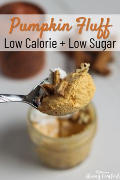 pumpkin fluff low calorie and low sugar recipe in a jar with spoon