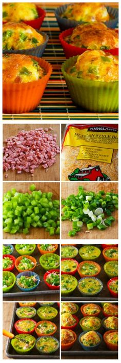 several different pictures of food being cooked in pans and on trays with vegetables