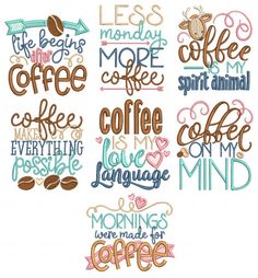 coffee quote machine embroidery design set