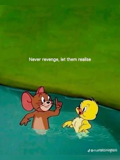 an animated image of a cartoon character and a duckling in the water with a caption that reads, never revenge, let them realise