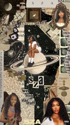 a collage of photos with different women in space, stars and letters on them