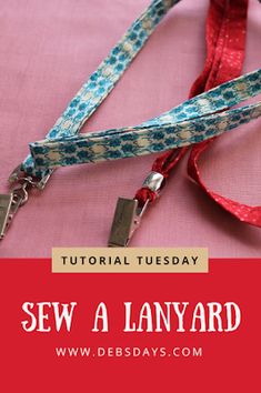 a red and blue leash with the words sew a lanyard written on it