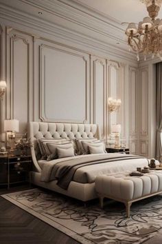 an elegant bedroom with chandelier and large bed