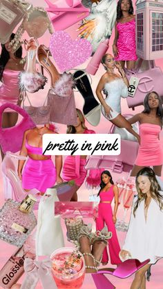 the collage shows different types of women in pink outfits and high heeled shoes