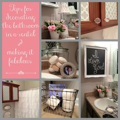 a collage of photos with pink and white decor in the bathroom, including flowers