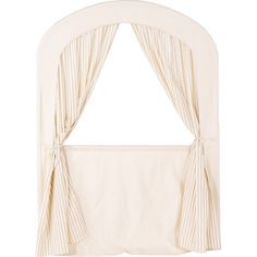 a white curtain with pleated drapes hanging from it's sides and an arched window