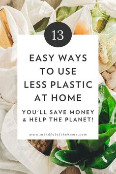 plastic bags filled with food and text that reads 13 easy ways to use less plastic at home you'll save money & help the planet