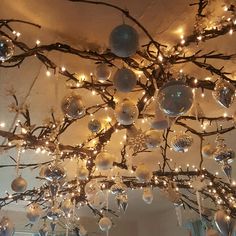 a tree with ornaments hanging from it's branches and lights on the ceiling above