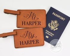 two leather luggage tags with the words, mr and mrs harper on them next to a passport