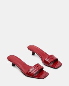 TRINITY Red Crocodile Square Toe Kitten Heel Mule | Women's Heels – Steve Madden Formal Fitted Mules With Square Toe, Formal Fitted Square Toe Mules, Chic Fitted Mules With Square Toe, Trendy Fitted Kitten Heels For Formal Occasions, Trendy Fitted Kitten Heels For Formal Events, Trendy Fitted Formal Kitten Heels, Elegant Block Heel Mules, Elegant Fitted Mules With Block Heel, Modern Fitted Mules With Square Toe