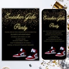 Sneaker Gala Invitation! This is an editable Sneaker party invitation that you can purchase and instantly edit and print from Canva.  No need to download any software, all you need to do is make an account for free if you don't already have one then follow the download link in the PDF you will receive. All details are editable however artwork is not editable.  What you will get: - PDF file with instructions - Print instructions  - Editable Invite Size 5 x 7in  - Editable digital size 1080 x 1920 Sneaker Invitation, Sneaker Gala Party Ideas, Sneaker Ball Invitation, Sneaker Gala, 60th Birthday Party Themes, Sneaker Party, Ball Invitation, Gala Invitation, Sneaker Ball