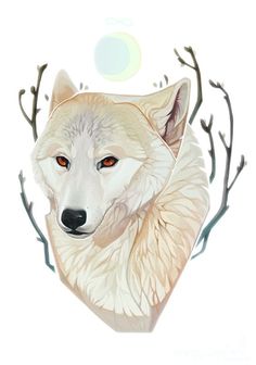 a drawing of a white wolf with orange eyes and branches around it's neck