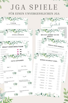 the printable wedding checklist is shown with greenery on it and in green