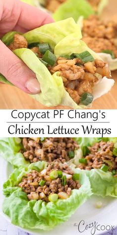 lettuce wraps filled with chicken, lettuce and other ingredients on a white plate