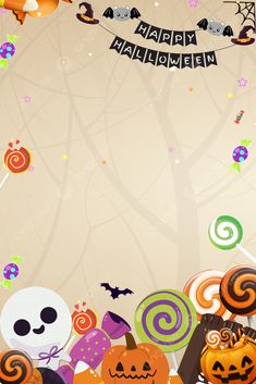 a halloween background with candy, candies and jack - o'- lanterns