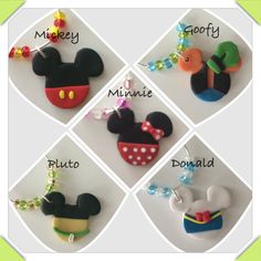 four different mickey mouse necklaces with names on them