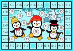 two penguins are standing next to each other in front of a board with numbers on it