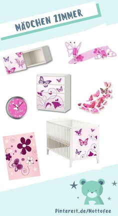 a baby's room with pink and purple decorations