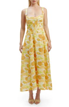 Sunny blooms brighten this dreamy midi designed with a corset-like bodice featuring structured boning for a cinched look. 44 1/2" length Exposed back-zip closure Sweetheart neck Cotton lining 100% ramie Hand wash, line dry Imported Spring A-line Maxi Dress With Smocked Back, Spring A-line Midi Dress With Smocked Bodice, Summer Fit And Flare Dress With Ruched Bodice, Spring Brunch Maxi Dress With Ruched Bodice, Spring Maxi Dress With Ruched Bodice For Brunch, Summer Maxi Dress With Ruched Bodice And Square Neck, Fitted Maxi Dress With Sweetheart Neckline For Spring, Ruched Maxi Dress With Fitted Bodice For Brunch, Spring A-line Maxi Dress With Lined Bodice