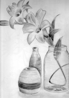 a drawing of two vases with flowers in them