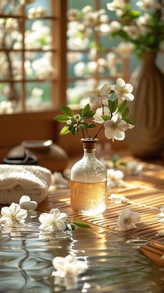 a vase filled with white flowers sitting on top of a table