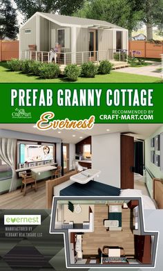 an advertisement for a small house with the words prefab granny cottage