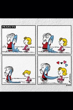 the peanuts comic strip is shown in four different stages, including one being pulled up by a