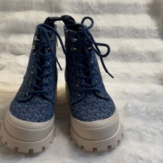 Michael Kors Combat Boots Denim And White. The Bottom Of Boots Has Slight Discolor And A Small Scratch On The Back, As Seen In Photo. Comes In A Clear Shoe Box, Within The Shipping Box. Clear Shoes, Michael Kors Shoes, Moto Boots, Shoe Box, Combat Boots, Michael Kors, Blue And White, Brand New, Women Shoes