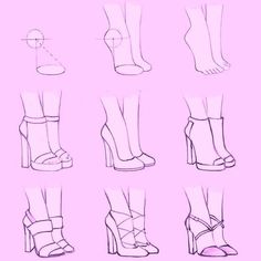 the steps to draw high heeled shoes in different positions and sizes, with one foot on