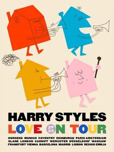 the poster for harry styles'love on tour, which features three cartoon characters in different colors