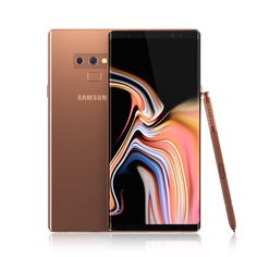 the new samsung note 9 is shown next to a brown pen and an orange phone