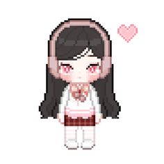 the pixel girl is wearing headphones and has long black hair, with pink eyes