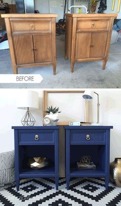 before and after photos of an old nightstand turned into a side table with blue paint