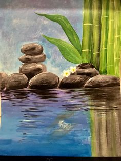 a painting of rocks and bamboo in the water