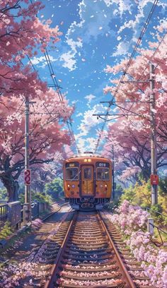 a painting of a train on the tracks with cherry blossom trees in the foreground