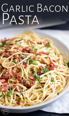 the cover of garlic bacon pasta on a white plate