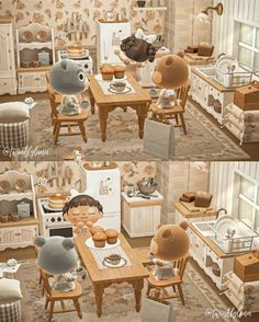 an image of a cartoon kitchen scene with teddy bears eating food and drinking coffee in the same room