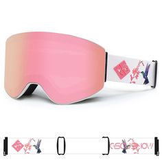 an image of a pair of ski goggles with pink lens and white trims