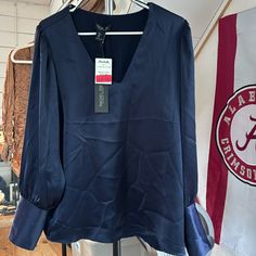 Deep Satiny Navy Blue Nwt Beautiful Lines And Edges Chic Navy V-neck Top, Elegant Navy Tops For Spring, Navy V-neck Blouse For Spring, Navy Tops For Spring Workwear, Beautiful Lines, Rachel Zoe, Color Blue, Womens Shirts, Top Blouse